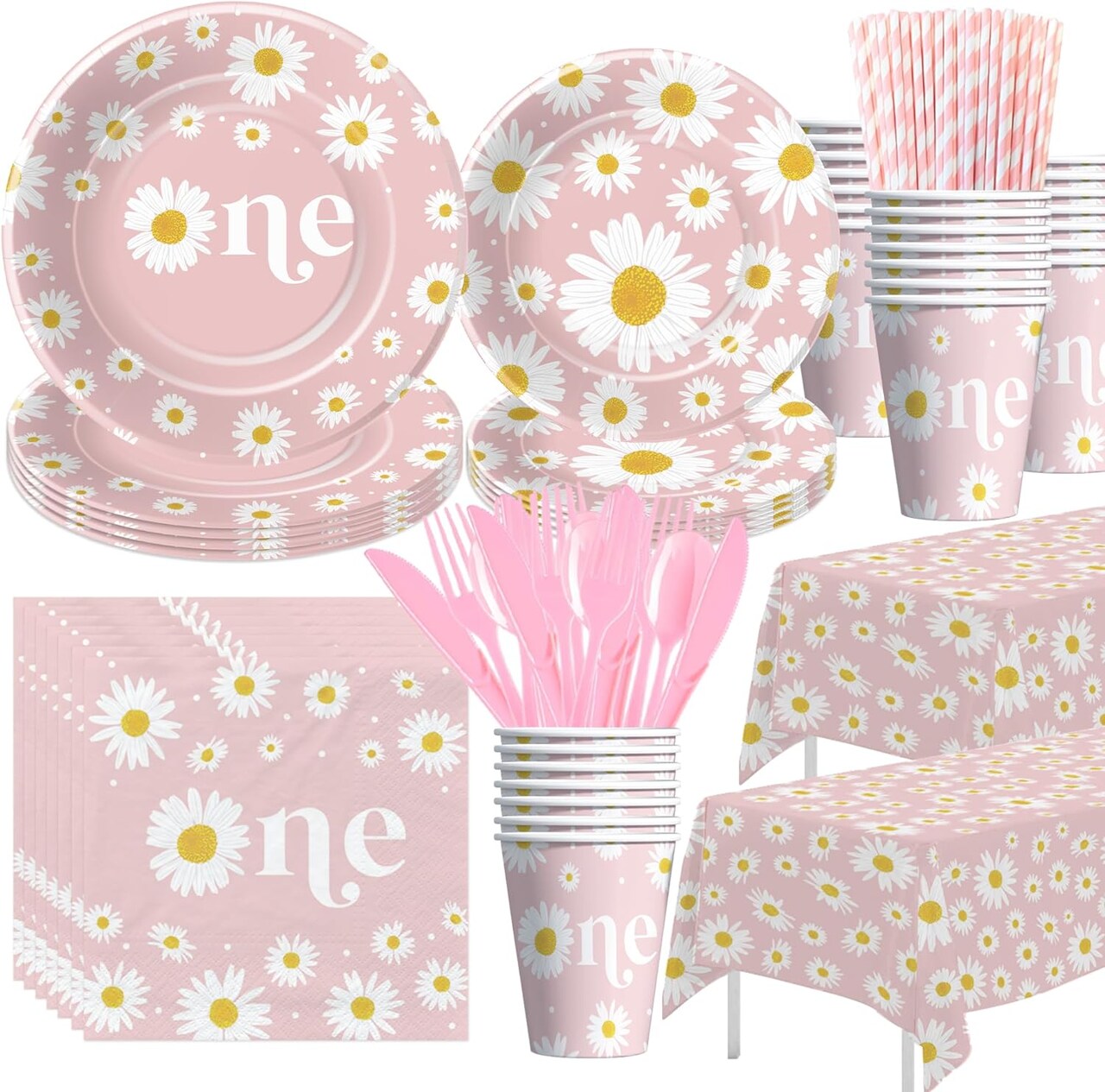 Daisy 1st Birthday Decorations Party Tableware Set, Groovy Retro Floral Daisy First Birthday Party Supplies, Paper Plate, Napkin, Cup, Tablecloth, Disposable Cutlery | Serves 24